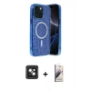 MARSİLYAN™- iPhone 14 Kılıf Eksen Çizgi - Siyah Bilvis 3D Mat Cam Ekran Koruyucu + PVD Metal Kamera Lens - PE