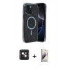 MARSİLYAN™- iPhone 14 Kılıf Eksen Çizgi - Siyah Bilvis 3D Mat Cam Ekran Koruyucu + PVD Metal Kamera Lens - PE