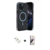MARSİLYAN™- iPhone 14 Kılıf Eksen Çizgi - Siyah Bilvis 3D Mat Cam Ekran Koruyucu + Sierra Blue Diamond Kamera Lens