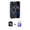 MARSİLYAN™- iPhone 14 Kılıf Eksen Çizgi - Siyah Bilvis 5in1 5D Magic Hayalet Cam Ekran Koruyucu + PVD Metal Kamera Lens - MI
