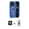 MARSİLYAN™- iPhone 14 Kılıf Eksen Çizgi - Siyah Bilvis Hayalet Cam Ekran Koruyucu + PVD Metal Kamera Lens - PE