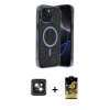 MARSİLYAN™- iPhone 14 Kılıf Eksen Çizgi - Siyah Buffer Cam Ekran Koruyucu + PVD Metal Kamera Lens - PE