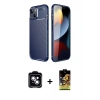 MARSİLYAN™- iPhone 14 Kılıf Eksen Form Prime - Siyah Buffer Cam Ekran Koruyucu + Mavi PVD Metal Kamera Lens