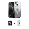 MARSİLYAN™- iPhone 14 Kılıf Eksen Minimal Özel Seri - Şeffaf Pasifik Cam Ekran Koruyucu + Mavi PVD Metal Kamera Lens