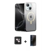 MARSİLYAN™- iPhone 14 Kılıf Eksen Minimal Özel Seri - Siyah 3D Antistatik Hayalet Cam Ekran Koruyucu + PVD Metal Kamera Lens - PE