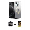 MARSİLYAN™- iPhone 14 Kılıf Eksen Minimal Özel Seri - Siyah Buffer Cam Ekran Koruyucu + Turuncu PVD Metal Kamera Lens