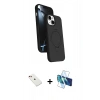 MARSİLYAN™- iPhone 14 Kılıf İz Işık Koleksiyonu - Siyah 3D Antistatik Cam Ekran Koruyucu + Diamond Kamera Lens - KI