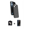 MARSİLYAN™- iPhone 14 Kılıf İz Işık Koleksiyonu - Siyah 3D Antistatik Hayalet Cam Ekran Koruyucu + PVD Metal Kamera Lens - TU