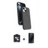 MARSİLYAN™- iPhone 14 Kılıf İz Işık Koleksiyonu - Siyah 3D Antistatik Hayalet Cam Ekran Koruyucu + PVD Metal Kamera Lens - SH