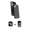 MARSİLYAN™- iPhone 14 Kılıf İz Işık Koleksiyonu - Siyah Buffer Hayalet Cam Ekran Koruyucu + Gümüş PVD Metal Kamera Lens