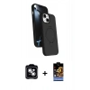 MARSİLYAN™- iPhone 14 Kılıf İz Işık Koleksiyonu - Siyah Buffer Hayalet Cam Ekran Koruyucu + Gümüş PVD Metal Kamera Lens