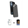 MARSİLYAN™- iPhone 14 Kılıf İz Işık Koleksiyonu - Siyah Buffer Hayalet Cam Ekran Koruyucu + Mavi Shine Kamera Lens