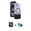 MARSİLYAN™- iPhone 14 Kılıf Kozmos Form Özel Seri - Siyah 3D Antistatik Cam Ekran Koruyucu + PVD Metal Kamera Lens - PE