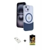 MARSİLYAN™- iPhone 14 Kılıf Kozmos Form Özel Seri - Siyah Buffer Cam Ekran Koruyucu + Sierra Blue Diamond Kamera Lens
