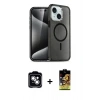 MARSİLYAN™- iPhone 14 Kılıf Nova Asil Prime - Siyah Buffer Cam Ekran Koruyucu + Gümüş PVD Metal Kamera Lens