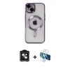 MARSİLYAN™- iPhone 14 Kılıf Nova Işık Özel Seri - Siyah 3D Antistatik Cam Ekran Koruyucu + PVD Metal Kamera Lens - YL