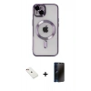 MARSİLYAN™- iPhone 14 Kılıf Nova Işık Özel Seri - Siyah 3D Antistatik Hayalet Cam Ekran Koruyucu + Diamond Kamera Lens - KI