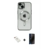 MARSİLYAN™- iPhone 14 Kılıf Nova Işık Özel Seri - Siyah 3D Antistatik Hayalet Cam Ekran Koruyucu + Diamond Kamera Lens - KI