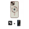 MARSİLYAN™- iPhone 14 Kılıf Nova Işık Özel Seri - Siyah 3D Antistatik Hayalet Cam Ekran Koruyucu + PVD Metal Kamera Lens - PE