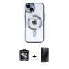 MARSİLYAN™- iPhone 14 Kılıf Nova Işık Özel Seri - Siyah 3D Antistatik Hayalet Cam Ekran Koruyucu + PVD Metal Kamera Lens - SH