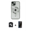 MARSİLYAN™- iPhone 14 Kılıf Nova Işık Özel Seri - Siyah 3D Antistatik Hayalet Cam Ekran Koruyucu + PVD Metal Kamera Lens - YL