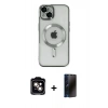 MARSİLYAN™- iPhone 14 Kılıf Nova Işık Özel Seri - Siyah 3D Antistatik Hayalet Cam Ekran Koruyucu + PVD Metal Kamera Lens - TU