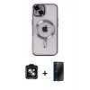 MARSİLYAN™- iPhone 14 Kılıf Nova Işık Özel Seri - Siyah 3D Antistatik Hayalet Cam Ekran Koruyucu + PVD Metal Kamera Lens - MI