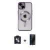 MARSİLYAN™- iPhone 14 Kılıf Nova Işık Özel Seri - Siyah 3D Antistatik Hayalet Cam Ekran Koruyucu + PVD Metal Kamera Lens - SH