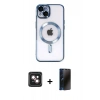 MARSİLYAN™- iPhone 14 Kılıf Nova Işık Özel Seri - Siyah 3D Antistatik Hayalet Cam Ekran Koruyucu + PVD Metal Kamera Lens - PE