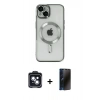MARSİLYAN™- iPhone 14 Kılıf Nova Işık Özel Seri - Siyah 3D Antistatik Hayalet Cam Ekran Koruyucu + PVD Metal Kamera Lens - SH