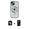 MARSİLYAN™- iPhone 14 Kılıf Nova Işık Özel Seri - Siyah 3D Antistatik Hayalet Cam Ekran Koruyucu + PVD Metal Kamera Lens - GS