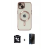 MARSİLYAN™- iPhone 14 Kılıf Nova Işık Özel Seri - Siyah 3D Antistatik Hayalet Cam Ekran Koruyucu + PVD Metal Kamera Lens - MI