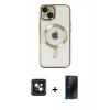 MARSİLYAN™- iPhone 14 Kılıf Nova Işık Özel Seri - Siyah 3D Antistatik Hayalet Cam Ekran Koruyucu + PVD Metal Kamera Lens - PE