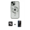MARSİLYAN™- iPhone 14 Kılıf Nova Işık Özel Seri - Siyah 3D Antistatik Hayalet Cam Ekran Koruyucu + PVD Metal Kamera Lens - PE