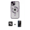 MARSİLYAN™- iPhone 14 Kılıf Nova Işık Özel Seri - Siyah 3D Antistatik Hayalet Cam Ekran Koruyucu + PVD Metal Kamera Lens - PE