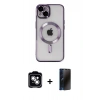 MARSİLYAN™- iPhone 14 Kılıf Nova Işık Özel Seri - Siyah 3D Antistatik Hayalet Cam Ekran Koruyucu + PVD Metal Kamera Lens - GS