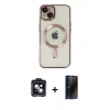 MARSİLYAN™- iPhone 14 Kılıf Nova Işık Özel Seri - Siyah 3D Antistatik Hayalet Cam Ekran Koruyucu + PVD Metal Kamera Lens - SH