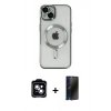 MARSİLYAN™- iPhone 14 Kılıf Nova Işık Özel Seri - Siyah 3D Antistatik Hayalet Cam Ekran Koruyucu + PVD Metal Kamera Lens - MI