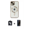 MARSİLYAN™- iPhone 14 Kılıf Nova Işık Özel Seri - Siyah 3D Antistatik Hayalet Cam Ekran Koruyucu + PVD Metal Kamera Lens - SH