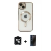 MARSİLYAN™- iPhone 14 Kılıf Nova Işık Özel Seri - Siyah 3D Antistatik Hayalet Cam Ekran Koruyucu + PVD Metal Kamera Lens - YL