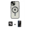 MARSİLYAN™- iPhone 14 Kılıf Nova Işık Özel Seri - Siyah 3D Antistatik Hayalet Cam Ekran Koruyucu + PVD Metal Kamera Lens - PE