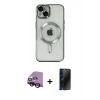 MARSİLYAN™- iPhone 14 Kılıf Nova Işık Özel Seri - Siyah 3D Antistatik Hayalet Cam Ekran Koruyucu + Raze Metal Kamera Lens - SH