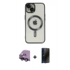 MARSİLYAN™- iPhone 14 Kılıf Nova Işık Özel Seri - Siyah 3D Antistatik Hayalet Cam Ekran Koruyucu + Raze Metal Kamera Lens - SH