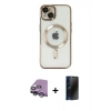 MARSİLYAN™- iPhone 14 Kılıf Nova Işık Özel Seri - Siyah 3D Antistatik Hayalet Cam Ekran Koruyucu + Raze Metal Kamera Lens - GS