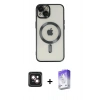 MARSİLYAN™- iPhone 14 Kılıf Nova Işık Özel Seri - Siyah Bilvis 5in1 3D Magic Cam Ekran Koruyucu + Pembe PVD Metal Kamera Lens