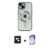 MARSİLYAN™- iPhone 14 Kılıf Nova Işık Özel Seri - Siyah Bilvis 5in1 3D Magic Cam Ekran Koruyucu + Pembe PVD Metal Kamera Lens