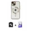 MARSİLYAN™- iPhone 14 Kılıf Nova Işık Özel Seri - Siyah Bilvis 5in1 5D Magic Hayalet Cam Ekran Koruyucu + Yeşil PVD Metal Kamera Lens