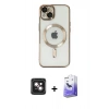 MARSİLYAN™- iPhone 14 Kılıf Nova Işık Özel Seri - Siyah Bilvis 5in1 5D Magic Hayalet Cam Ekran Koruyucu + PVD Metal Kamera Lens - PE