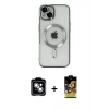 MARSİLYAN™- iPhone 14 Kılıf Nova Işık Özel Seri - Siyah Buffer Cam Ekran Koruyucu + Gümüş PVD Metal Kamera Lens