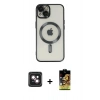 MARSİLYAN™- iPhone 14 Kılıf Nova Işık Özel Seri - Siyah Buffer Cam Ekran Koruyucu + PVD Metal Kamera Lens - PE